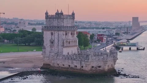 Right to left circular shot of the Belem tower Stock Footage 254602609