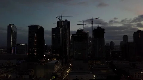 RIGHT TO LEFT DOWN TOWN LA DRONE SHOT SUNRISE LIGHTING Stock Footage 98422450