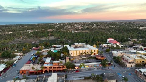 Right to left flight over Todos Santos, Mexico at sunrise Stock Footage 236741178
