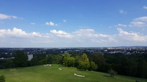 Right to left pan aerial long shot cityscape view of Krakow Poland Stock Footage 69852695