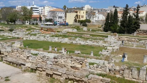 Right to left pan aerial view of Ancient Agora of Athens Stock Footage 92310816