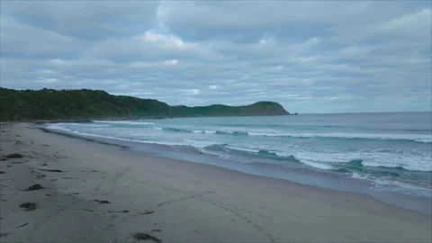Right to left pan of beach with forest and hill Vídeo Stock 340992963