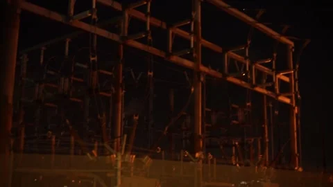 Right to left pan: electrical substation wires at night, San Francisco Stock Footage 236812361