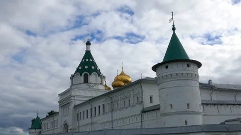 Right to left pan from Ipatiev Monastery in Kostroma Russia to Volga river Stock Footage 98381392