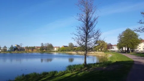 Right to left pan over a beautiful small lake in a park Video stock 69931850