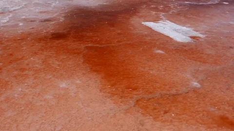 Right to left pan over a salty beach shore with red pink water Stock Footage 70355473
