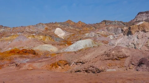 Right to left pan over stunning scenery colorful rainbow mountains with blue sky Stock Footage 111686654