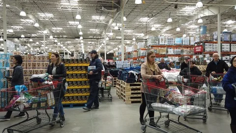 Right To Left Pan People Stocking Up On Emergency Supplies During Health Sca Stock Footage 126619208