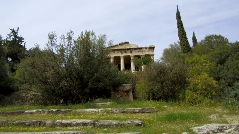 Right to left pan from Temple of Hephaestus to ruins of roman agora of Athens Stock Footage 92439208