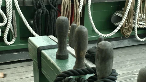 Right to left panning shot on a sailing ship deck with ropes Stock Footage 61280727