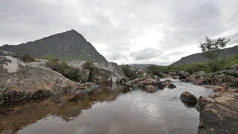Right to Left Shot of River in the Scottish Highlands with Cloudy Reflection Stock Footage 97362016