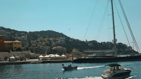 Right to left view of lagune in Nice. Seagull and Yachts. Stock Footage 113143244