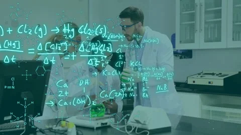 Right male pouring green solution while team monitoring, blue equations Stock Footage 332666950