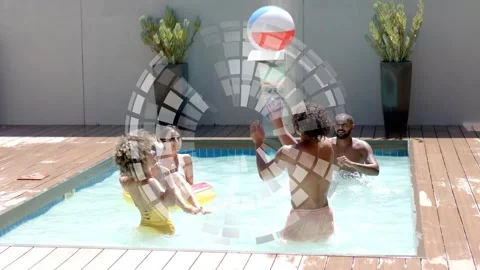 Right man reaching up sending beach ball ring while group playing in pool, Stock Footage 333925109