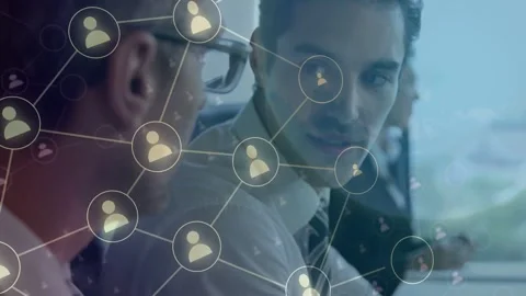 Right man speaking, network nodes expanding over glass while left man listening, Stock Footage 334466099
