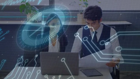 Right man studying docs, aligning to laptop, tapping, HUD mapping business data, Stock Footage 333631723