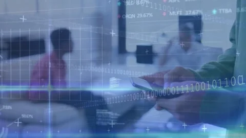 Right man tapping phone activating chart overlays for reviewing data in tech hub Stock Footage 334114325
