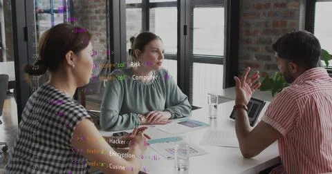 Right man tapping tablet and showing charts reviewing security team listening Stock Photos