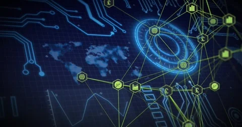 From right network emerging extending lines hex icons pulsing blue ring rotating Stock Footage 328384438