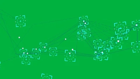 Right node emitting dashed trails sending packets across teal band, mapping Video stock 329548869