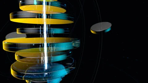 Right-offset perspective of rotating cylindrical data banks glowing, 422 HQ Stock Footage 336655374