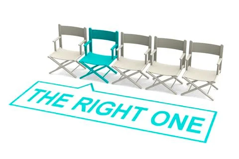 The right one concept with row of white chairs with one blue Stock Illustration