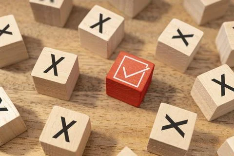 Right or good decision making concept. Check mark symbol and wrong or cross icon Stock Photos