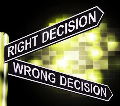Right Or Wrong Decision Signpost Showing Confusion Outcome And Counceling Illustrazione stock