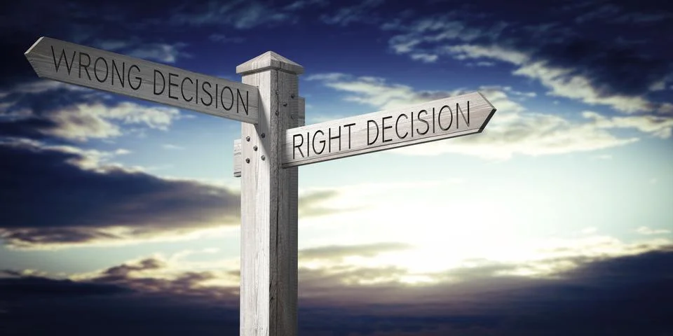 Right or Wrong Decision - Wooden Signpost with Two Arrows Ilustração Stock