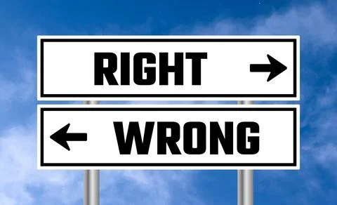 Right or wrong road sign on blue sky background Stock Photos