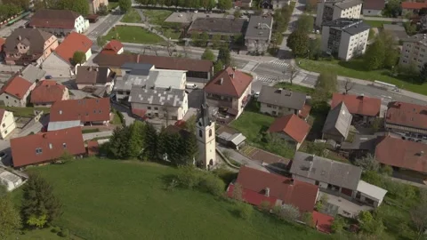 Right Orbit of Small Cathedral and City Activity in Logatec, Slovenia Vidéo 308069351