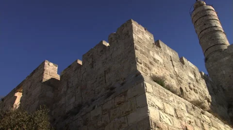 Right pan from corner of The Citadel to the Tower of David in Jerusalem Stock Footage 59522962
