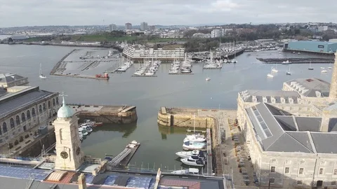 Right Pan over harbour and city in UK Stock Footage 122216819