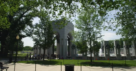 Right pan over World War II Memorial, Washington DC. Shot in May 2012. Stock Footage