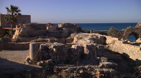Right pan of the ruins at Caesarea Maritima on Israel's Mediterranean coast Stock Footage 59523104