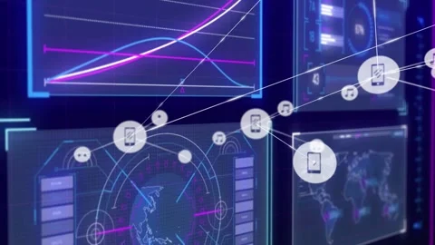 Right-panel icons originating, forming network overlaying chart radar, showing Stock Footage 332472819