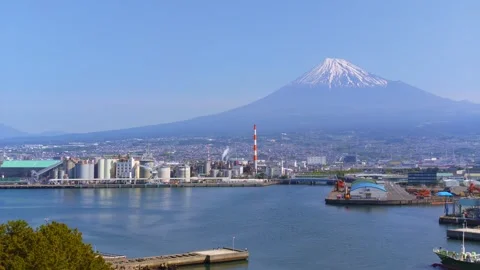 Right panning shot of Mt. Fuji and Tagonoura Port Stock Footage 334679449