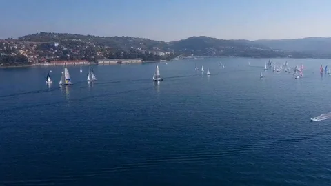 Right parallel drone flying view of Barcolana regatta event, Trieste, Italy Stock Footage 120184695