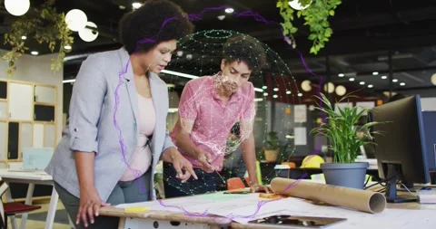 Right person pointing plans and starting design, peer tracing lines as AR globe Stock Footage 320586112
