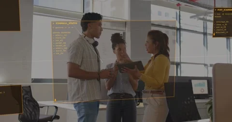Right person tapping tablet, causing orange code panels shifting, team debating Stock Footage 330955268