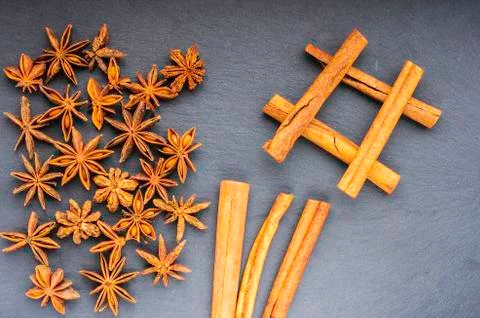 Right sharp cinnamon and star anise top view  on slate Stock Photos