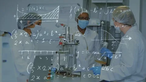 Right-side lab tech picking up sample vial and showing while graphs floating Stock Footage 335235047