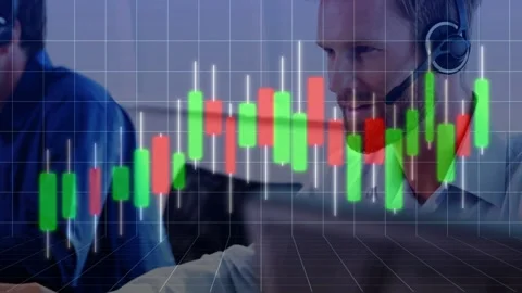 Right-side man typing keys, turning to monitor, candlestick chart moving, Stock Footage 333648266