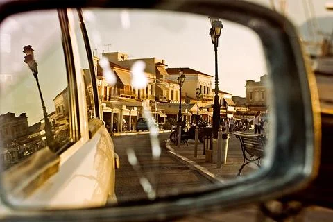 Right side mirror in the car on the dock Stock Photos