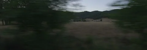 Right Side view of a Driving Plate: Car travels at dusk past rural homes and Stock Footage 59329786