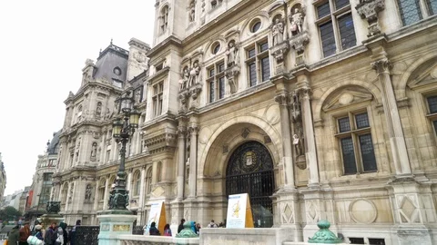 Right Slide camera movement on the facade entrance of Paris City Hall, Stock Footage 100464456