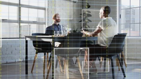 Right speaker leaning forward, initiating digit streams and frames, showing Stock Footage 334693967