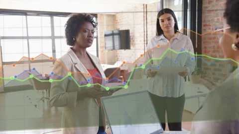 Right speaker talking at laptop sparking business review, left using device, Stock Footage 334418644