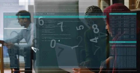 Right tech team leaning over laptop, working after left coworker glancing tablet Stock Photos