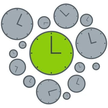 Right time on green clock isolated on white background. Stock Illustration